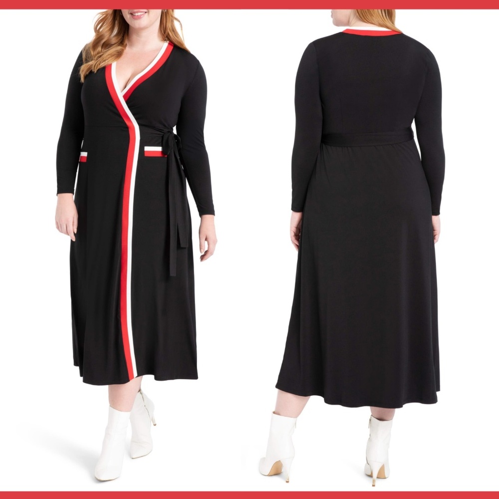NEW $129 ELOQUII Stripe Tipped Long Sleeve Wrap Dress in‎ Black [SZ 14 ]